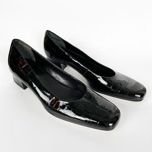 Vintage Square Toe Genuine Leather Patent Reptile Short Heel Pumps Mod Parisian